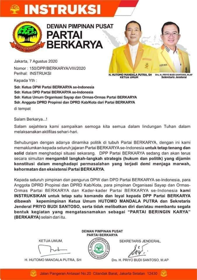 Intruksi Ketum Berkarya : ” Tetap Satu Komando ” Kepada Semua Pengurus