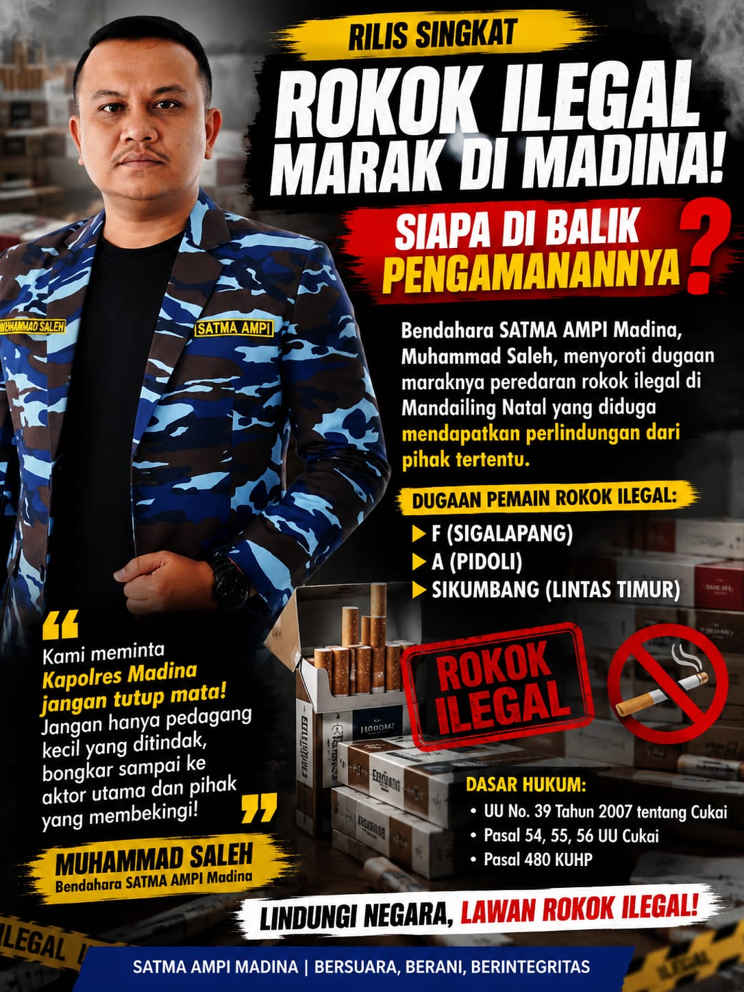 Rokok Ilegal di Madina Jadi Sorotan, SATMA AMPI : Siapa Yang Melindungi