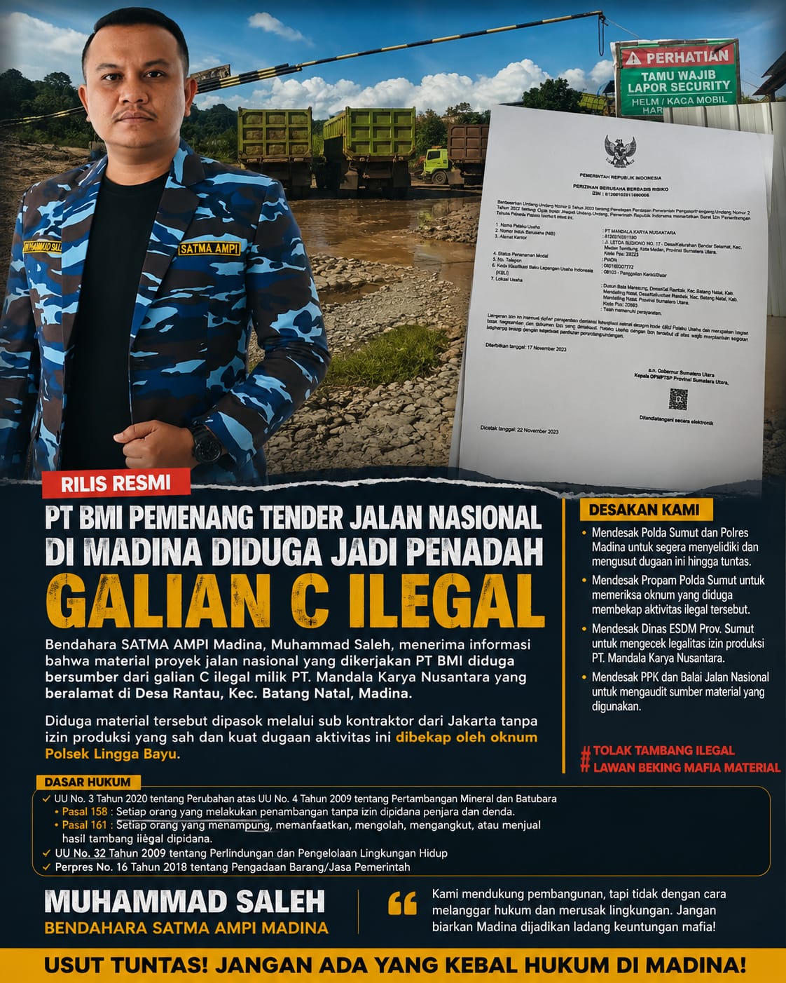 PT BMI Pemenang Tender Jalan Nasional di Madina Diduga Gunakan Material Galian C Ilegal, SATMA AMPI Desak APH Bertindak