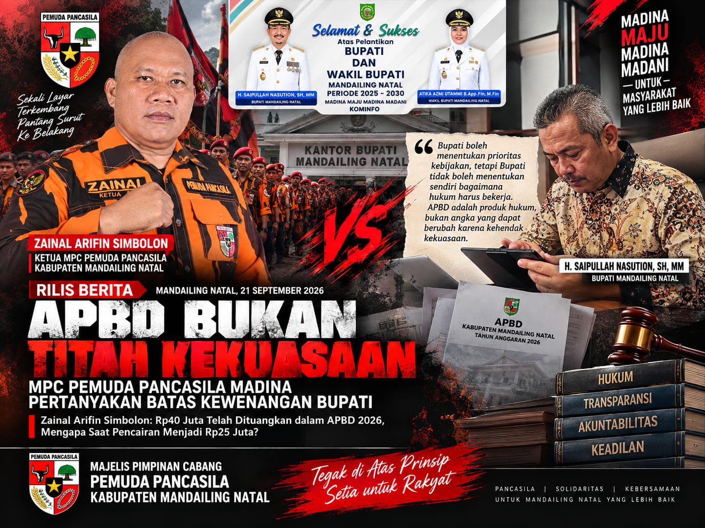 APBD BUKAN TITAH KEKUASAAN: MPC PEMUDA PANCASILA MADINA PERTANYAKAN BATAS KEWENANGAN BUPATI