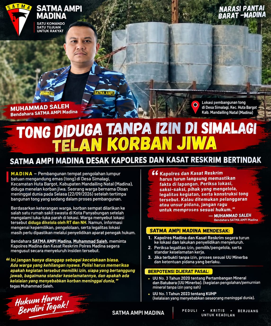 TONG DIDUGA TANPA IZIN DI SIMALAGI TELAN KORBAN JIWA, SATMA AMPI DESAK KAPOLRES MADINA BERTINDAK