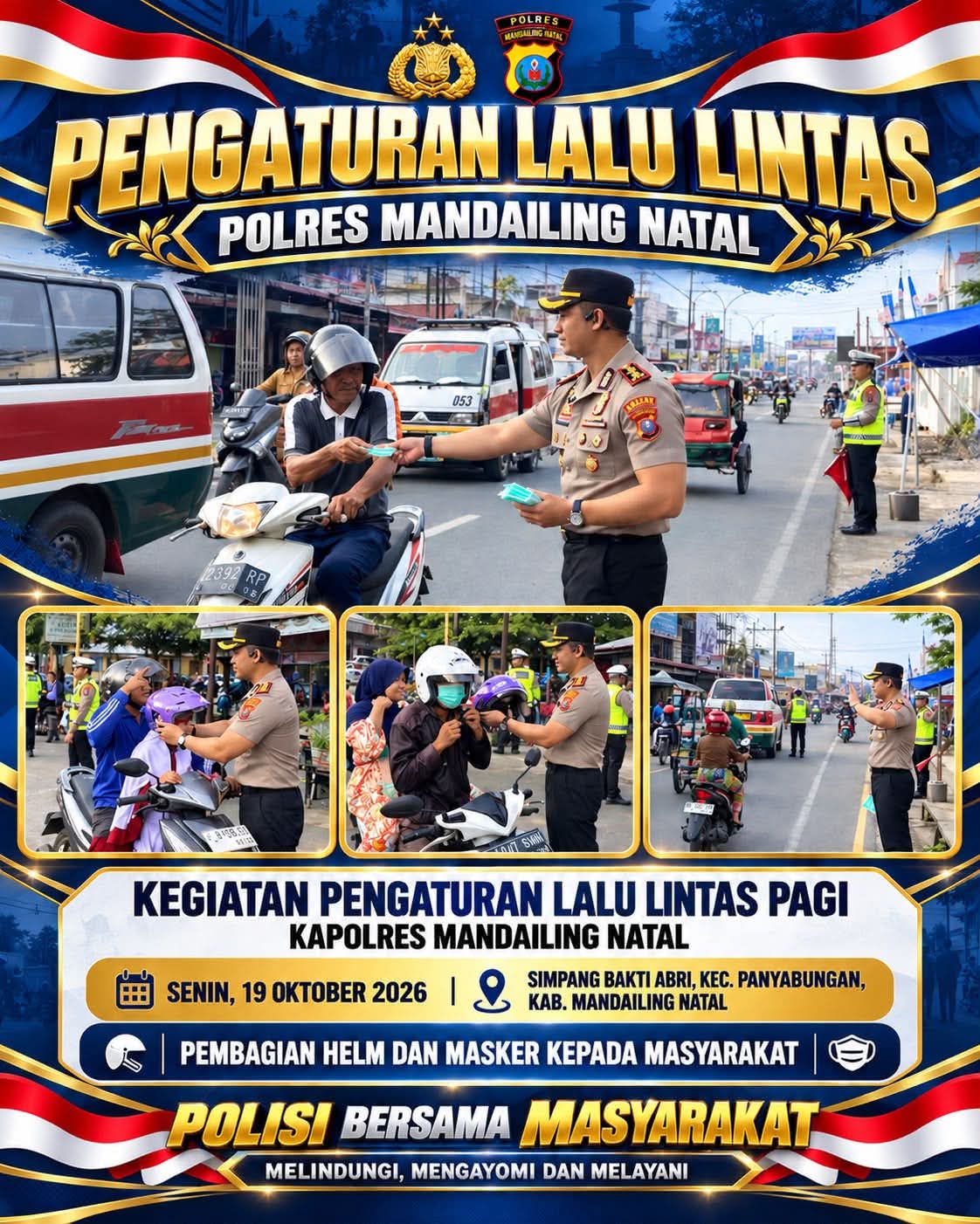 KAPOLRES MADINA TURUN LANGSUNG ATUR LALU LINTAS, BAGIKAN HELM DAN MASKER KEPADA MASYARAKAT