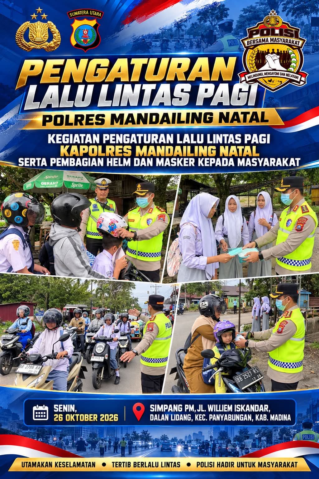 Kapolres Madina Turun Langsung Atur Lalulintas Pagi, Bagikan Helm dan Masker Kepada Masyarakat